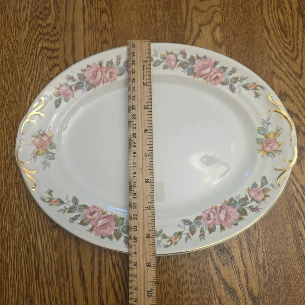 Crown‎ Potteries Co Vintage Pink Rose Oval Serving Platter Gold Trim 11